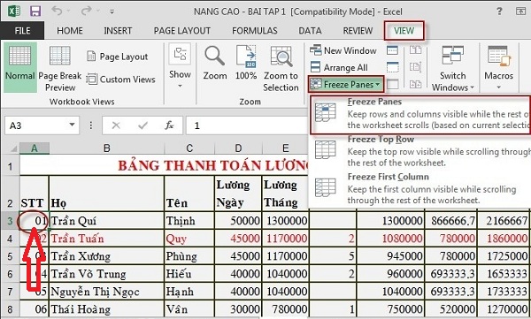 giữ cột trong excel